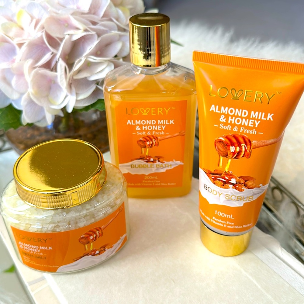 Lovery almond milk and honey, body scrub, bubble bath, and bath salt